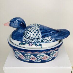VTG Blue Duck on a Nest Figural Lid Trinket Dish Bowl Floral Cottage Farmhouse